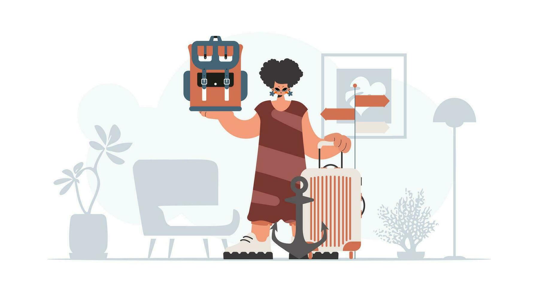 le désireux Dame est en portant une Voyage sac à dos et une butin. le concept de du repos et Voyage. branché style, vecteur illustration