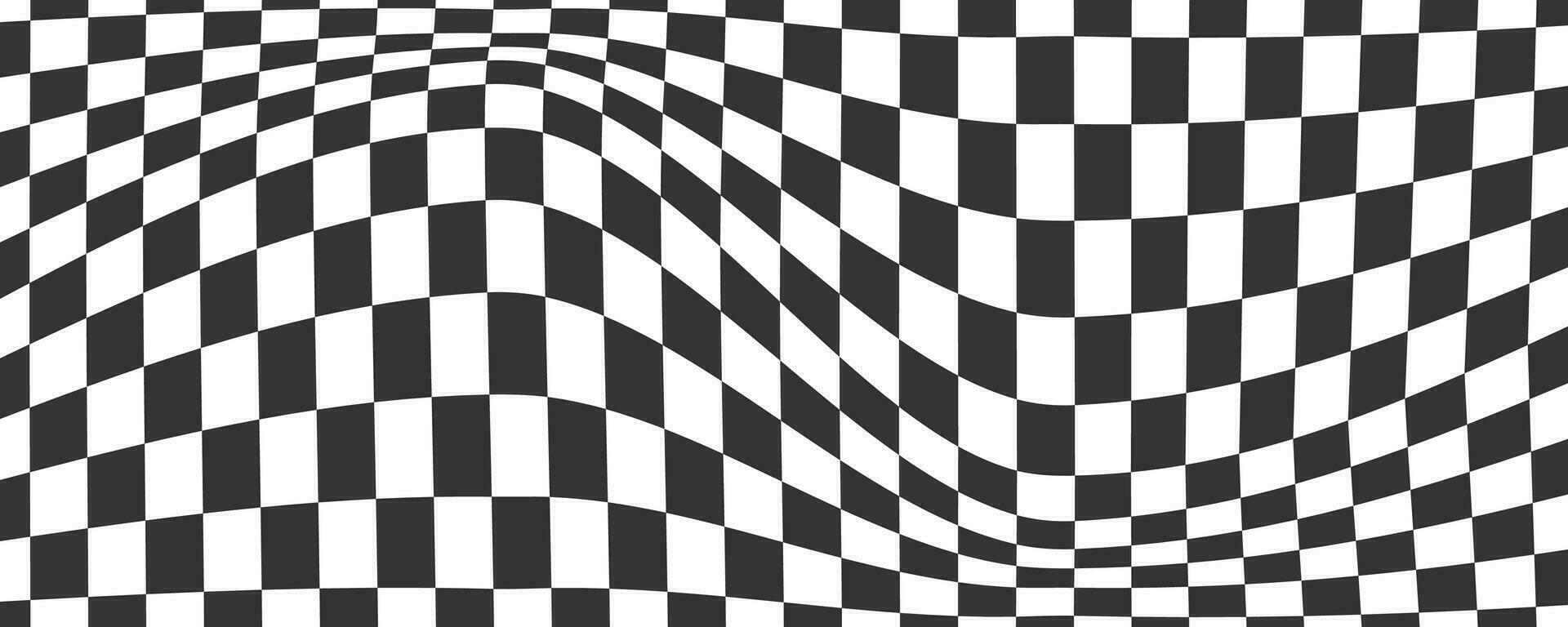 damier ondulé modèle. abstrait échecs carré imprimer. noir et blanc psychédélique optique illusion. voilé drapeau avec géométrique graphique. y2k conception pour bannière vecteur