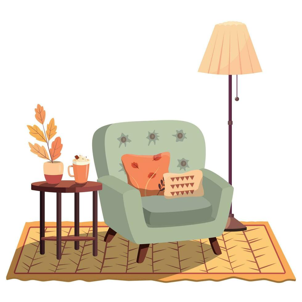 confortable l'automne vivant pièce avec fauteuil, table et une lampe. plat pastel couleurs vecteur illustration. à l'intérieur Résidentiel maison. tapis sur sol. hygge meubles éléments