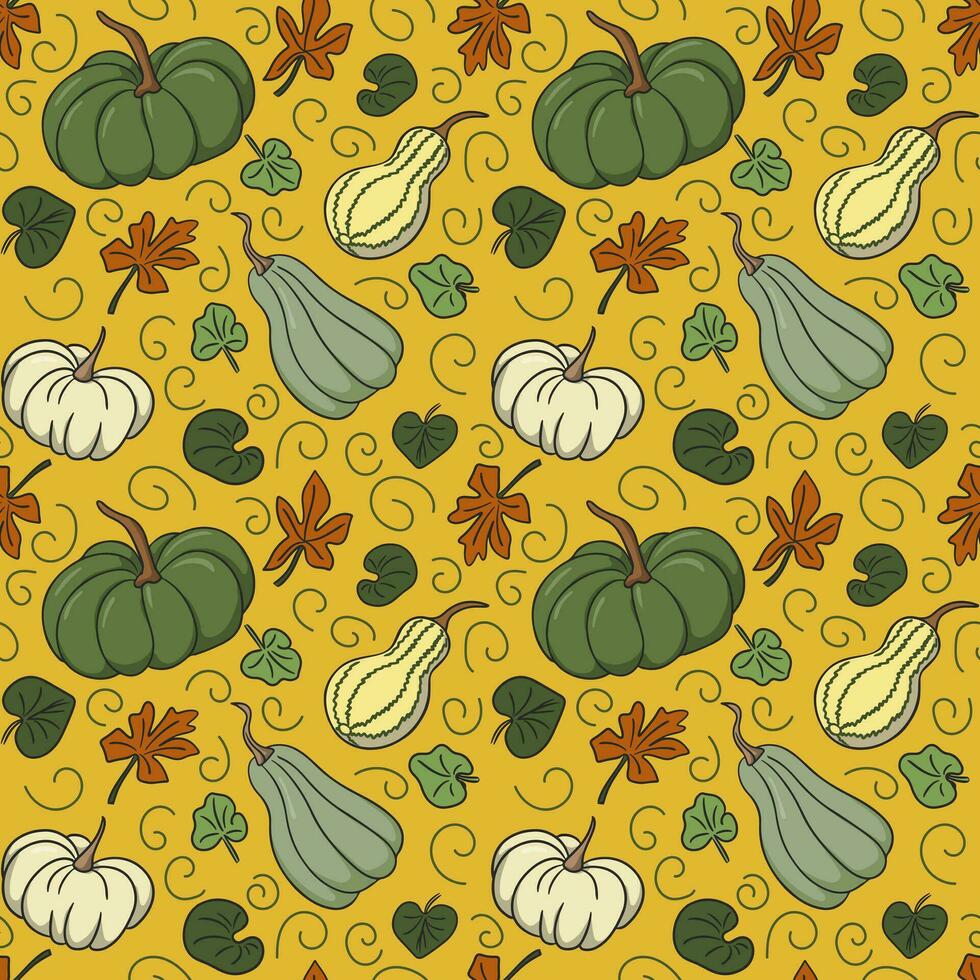 mignon l'automne vert et blanc citrouille sans couture modèle avec coloré feuilles sur Jaune Contexte. variation de formes de courges avec feuilles. mignonne conception pour emballage, décoration, Accueil décor, des gamins textile vecteur