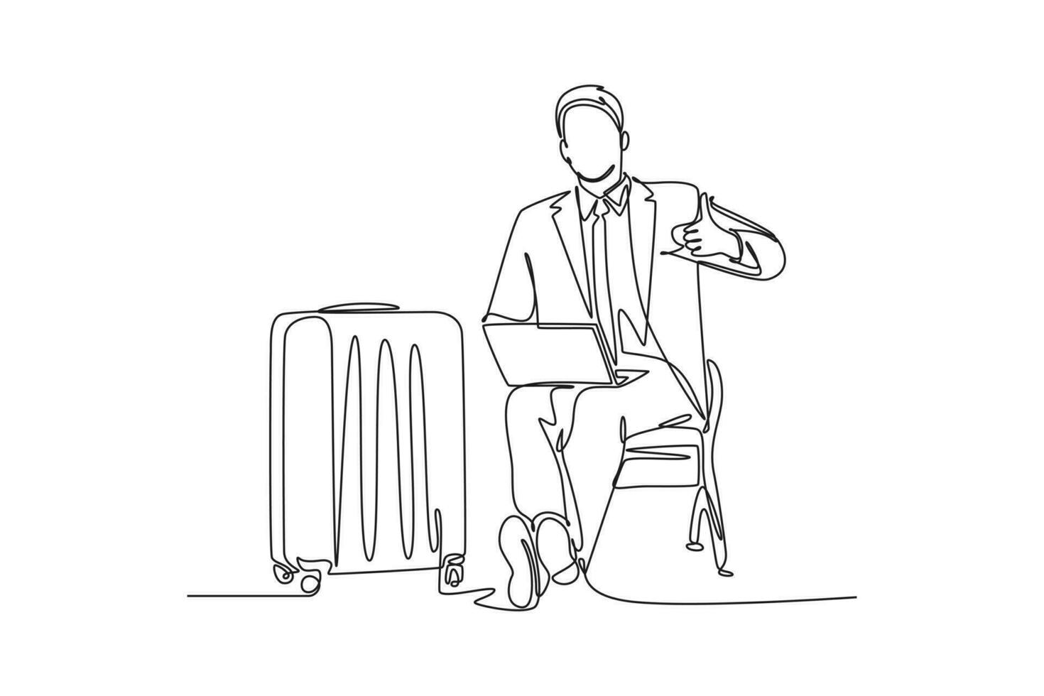 continu un ligne dessin Jeune content homme d'affaire donnant les pouces en haut geste tandis que ouverture le portable attendre dans aéroport. affaires Voyage voyage. Célibataire ligne dessiner conception vecteur graphique illustration