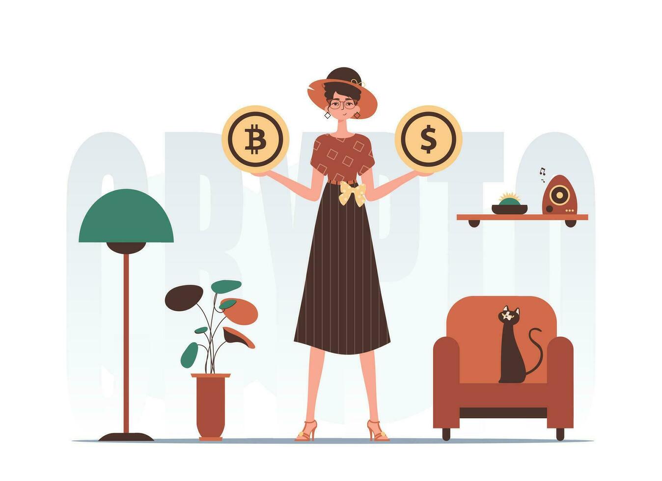 crypto-monnaie concept. une femme détient une pièce de monnaie de bitcoin et dollar dans sa mains. personnage dans branché style. vecteur