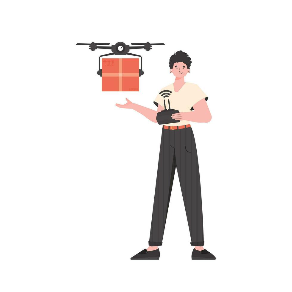 le concept de cargaison livraison par air. une homme contrôles une drone avec une emballer. isolé. vecteur illustration.