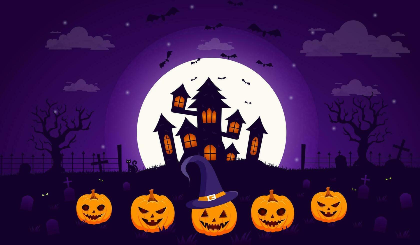 vecteur Halloween illustration avec une silhouette de une Château à embrasé lune et mort des arbres près le cimetière des croix plat