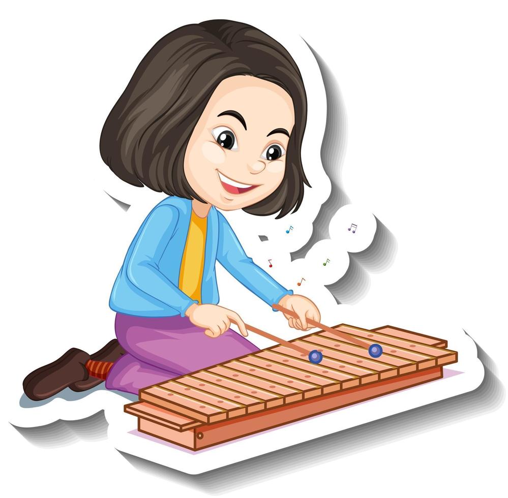 autocollant de personnage de dessin animé fille jouant d'un instrument de musique de xylophone vecteur