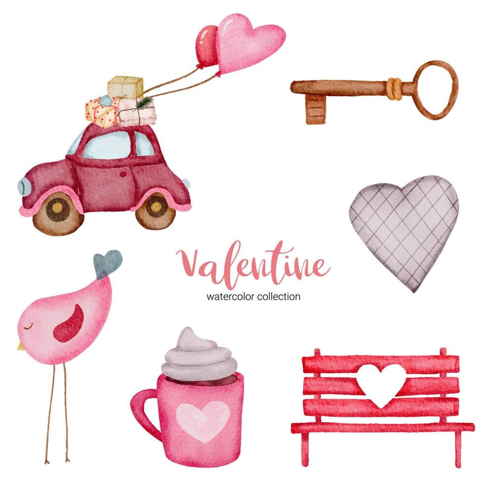 valentines day set éléments oiseau, voiture, banc, clé et plus encore. modèle pour kit d'autocollants, salutation, félicitations, invitations, planificateurs. illustration vectorielle vecteur