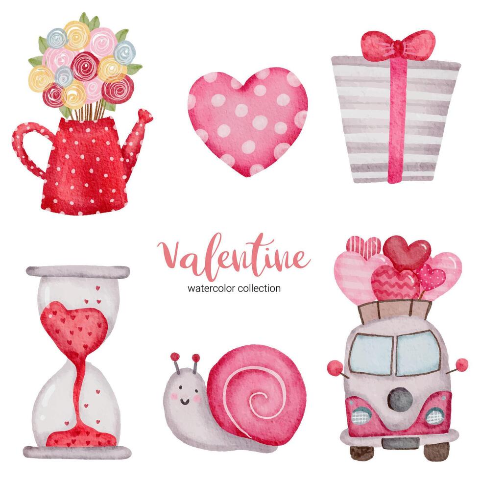 valentines set éléments escargot, bus, coeur, coffret cadeau et plus encore. modèle pour kit d'autocollants, salutation, félicitations, invitations, planificateurs. illustration vectorielle vecteur