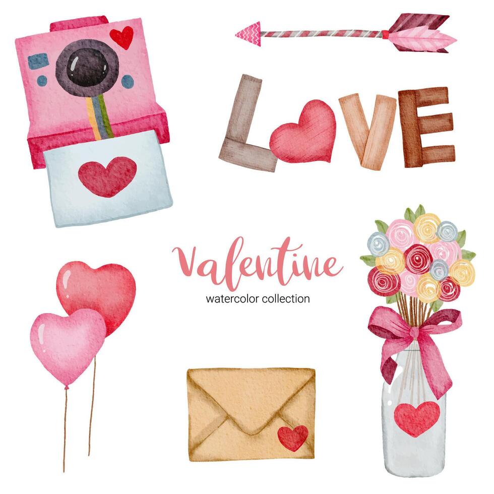 valentines day set éléments appareil photo, envalope, ballon, et plus encore. modèle pour kit d'autocollants, salutation, félicitations, invitations, planificateurs. illustration vectorielle vecteur