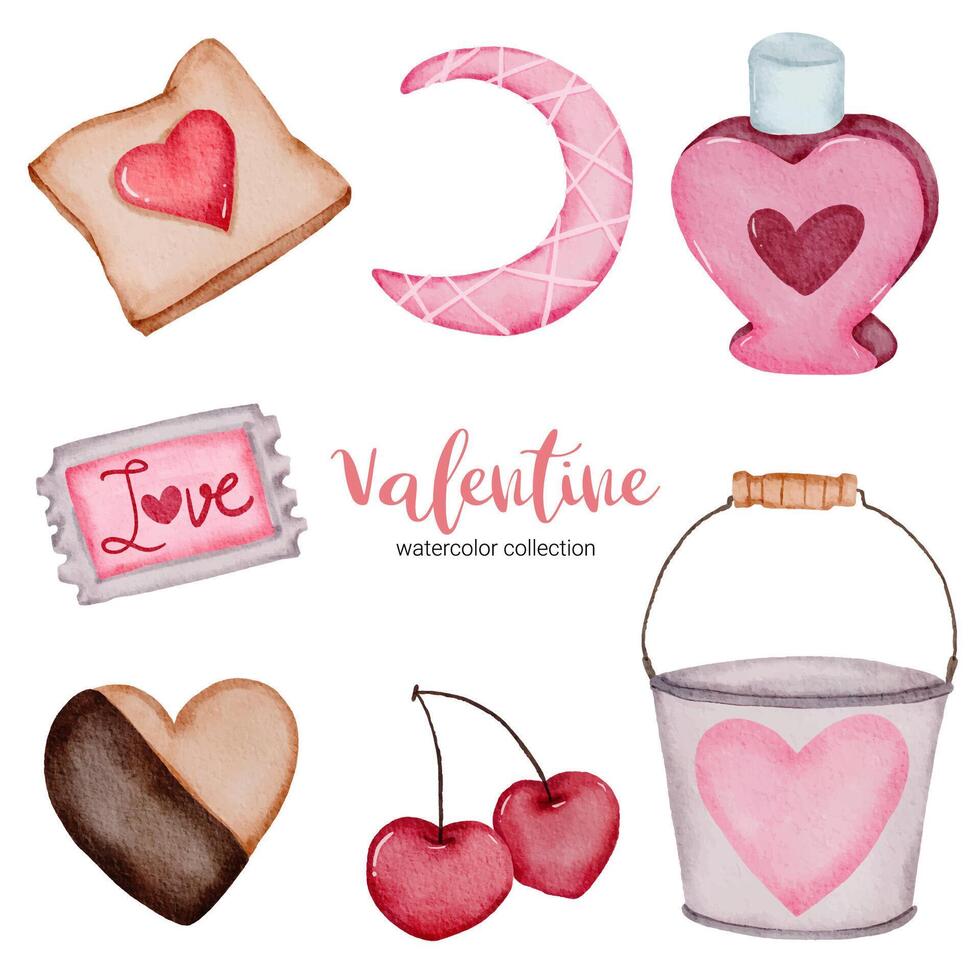 valentines day set éléments cerise, seau, bonbons et plus encore. modèle pour kit d'autocollants, salutation, félicitations, invitations, planificateurs. illustration vectorielle vecteur