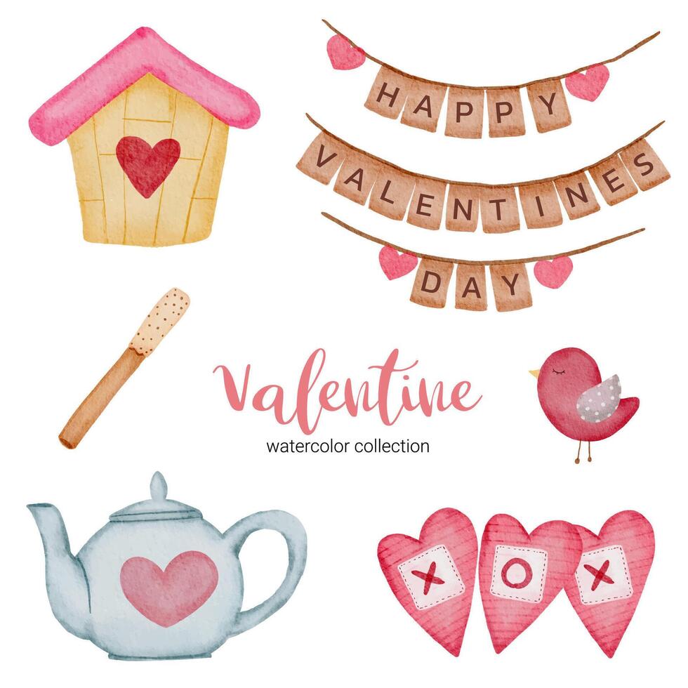 éléments de la Saint-Valentin, théière, petite maison, oiseau, etc. vecteur