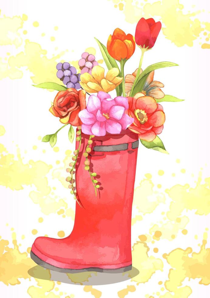 illustration à l'aquarelle. bottes en caoutchouc à pois rouges avec des fleurs sur un fond. thème du printemps. composition pour la conception. carte de voeux, carte postale, affiche vecteur