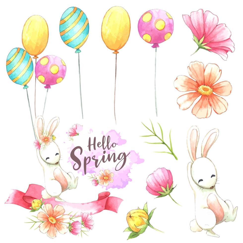 modèle sans couture avec lapin de pâques flottant avec divers ballons avec des éléments floraux sur fond blanc-bonjour printemps-expression vector illustration, eps