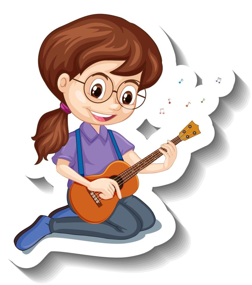 autocollant de personnage de dessin animé fille jouant d'un instrument de musique ukulélé vecteur