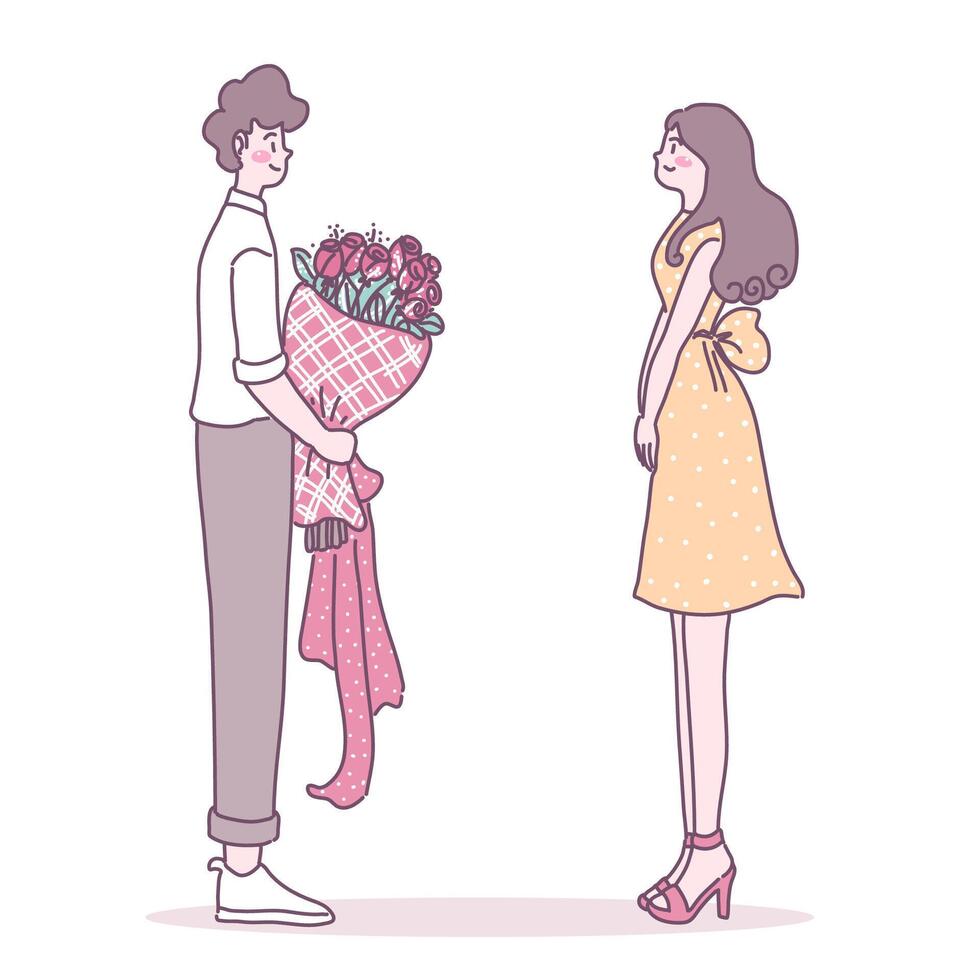 un homme qui offre des fleurs à la femme qu'il aime vecteur