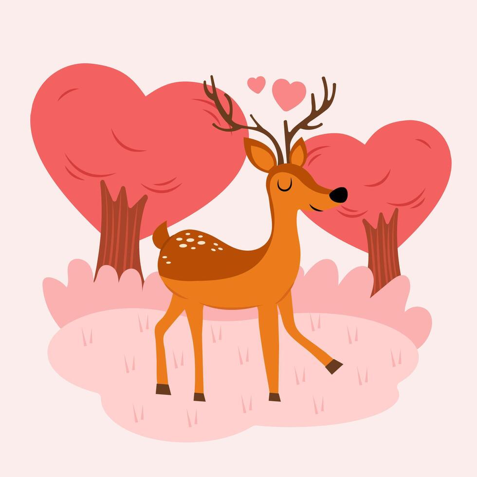 personnage de bébé cerf tombe amoureux, cerf de dessin animé mignon avec fleur sur fond rose avec arbre d'amour vecteur