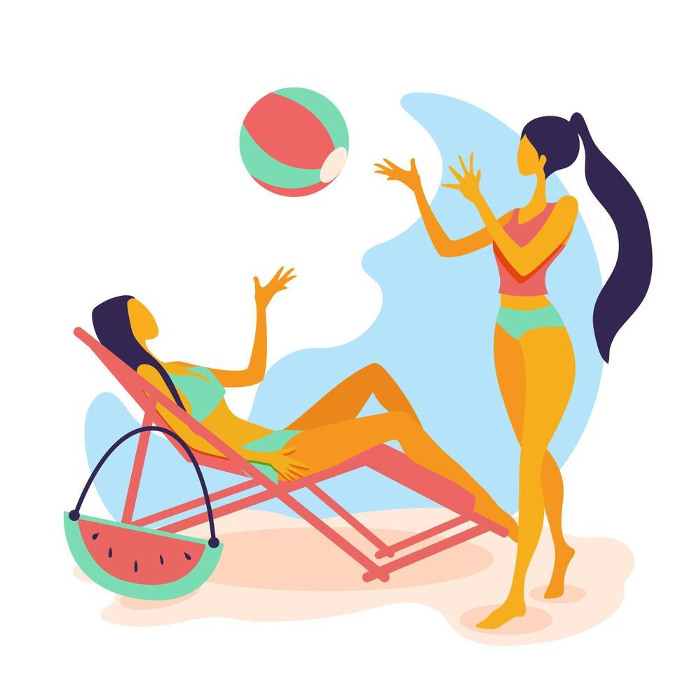 deux femme en bikini, filles longues jambes pleine longueur portent un chapeau heureux souriant illustration vectorielle plane vecteur