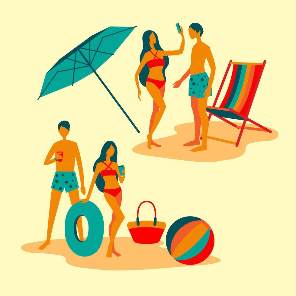 deux couples de garçon et fille en robe de plage, illustration vectorielle pleine longueur de scène de plage heureuse. vecteur