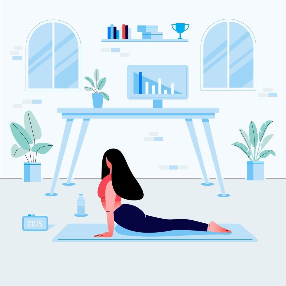 jeune femme faisant des exercices de yoga sur le lieu de travail à domicile. fond intérieur de chambre confortable avec ordinateur portable, plantes, photos, table et chaise. illustration vectorielle plane. vecteur