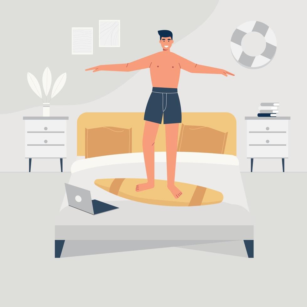 un homme danse joyeusement sur son lit. illustration vectorielle plane d'un homme à l'intérieur de sa maison. vecteur