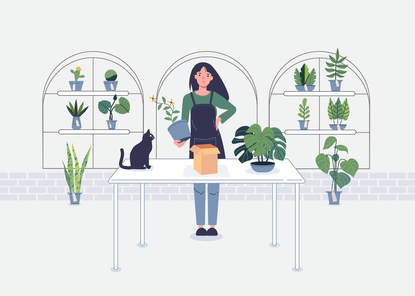 fleuriste vecteur moderne dessin animé femme personnages illustration sur fond blanc. composition colorée de qualité avec une jeune fleuriste souriante à côté de la table, magasin, vente de plantes, bouquets