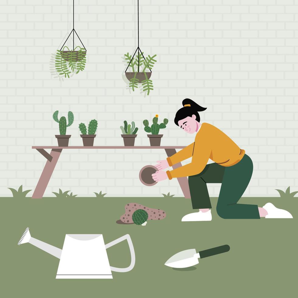 la fille coupe en vérifiant les plantes dans le jardin avec soin. illustration vectorielle plane. travaux de ménage et bannière d'activité humaine. vecteur