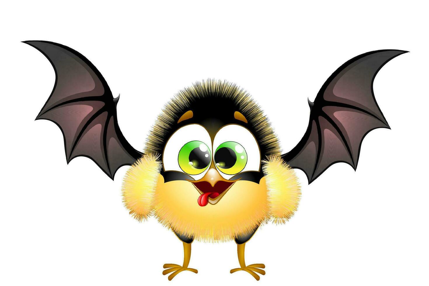 mignonne dessin animé peu Jaune duveteux poussin dans marrant Halloween chauve souris costume vecteur