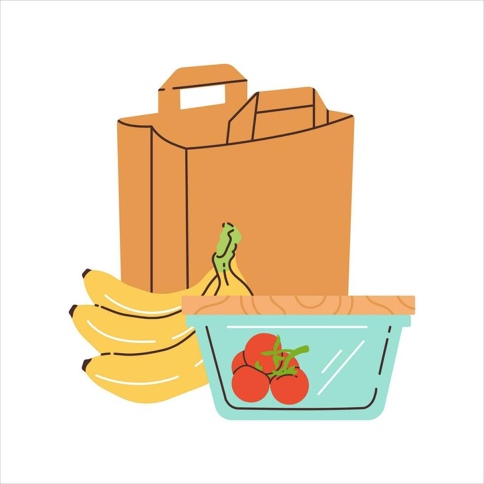 achats à le magasin. papier sac, verre récipient avec Cerise tomates et bananes. Zero gaspillage achats. durabilité à Accueil vecteur