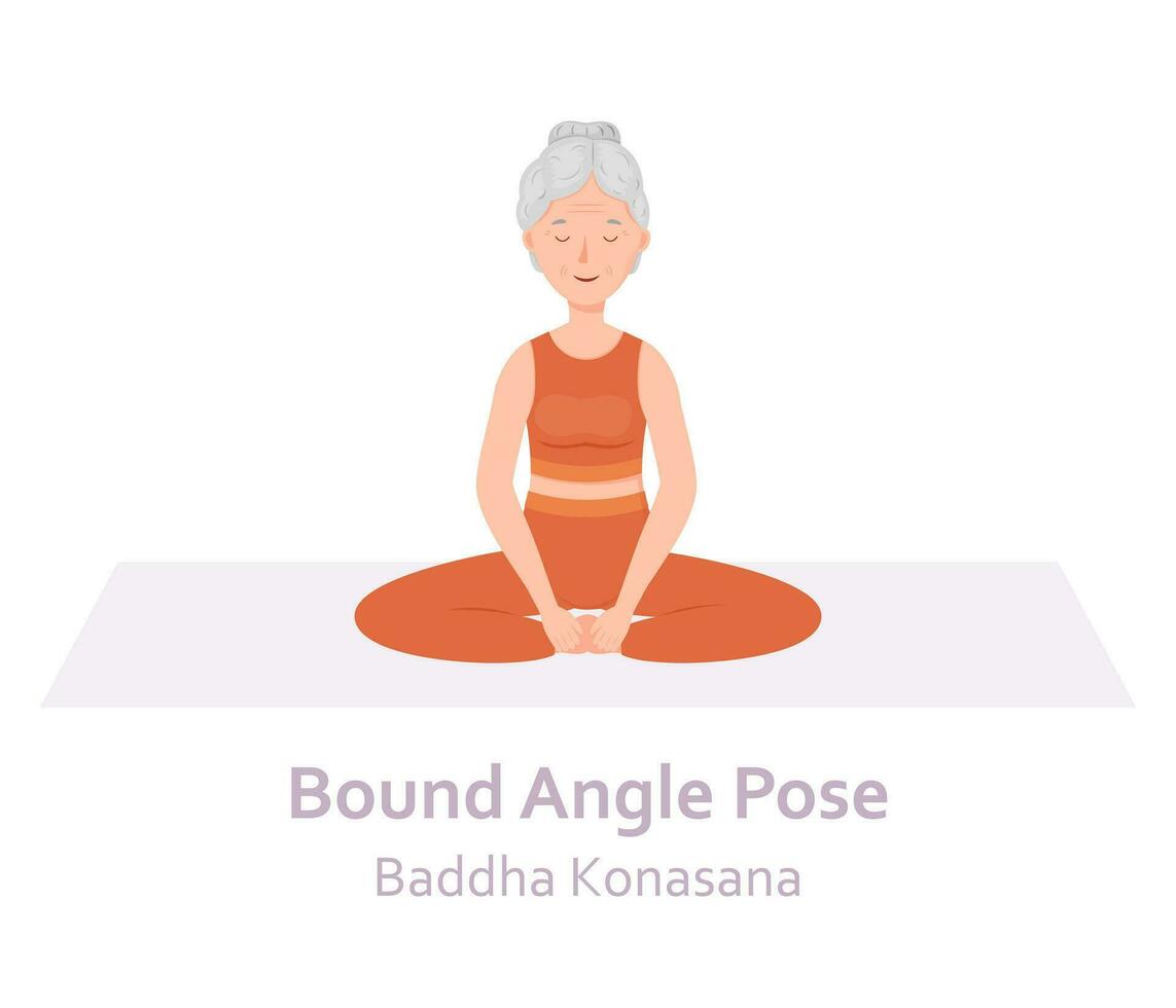 lié angle yoga pose. baddha Konasana. personnes âgées femme pratiquant yoga asana. en bonne santé mode de vie. plat dessin animé personnage. vecteur illustration