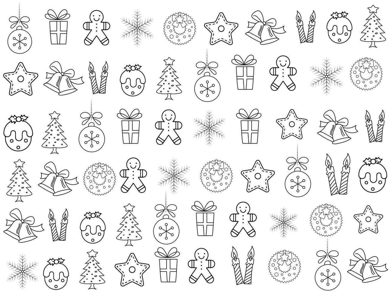 Noël icône ensemble avec flocons de neige, Chapeaux, étoile, Noël arbre, des balles, orange, chaussette, cadeau, boisson et guirlandes. vecteur Icônes pour affaires et vacances