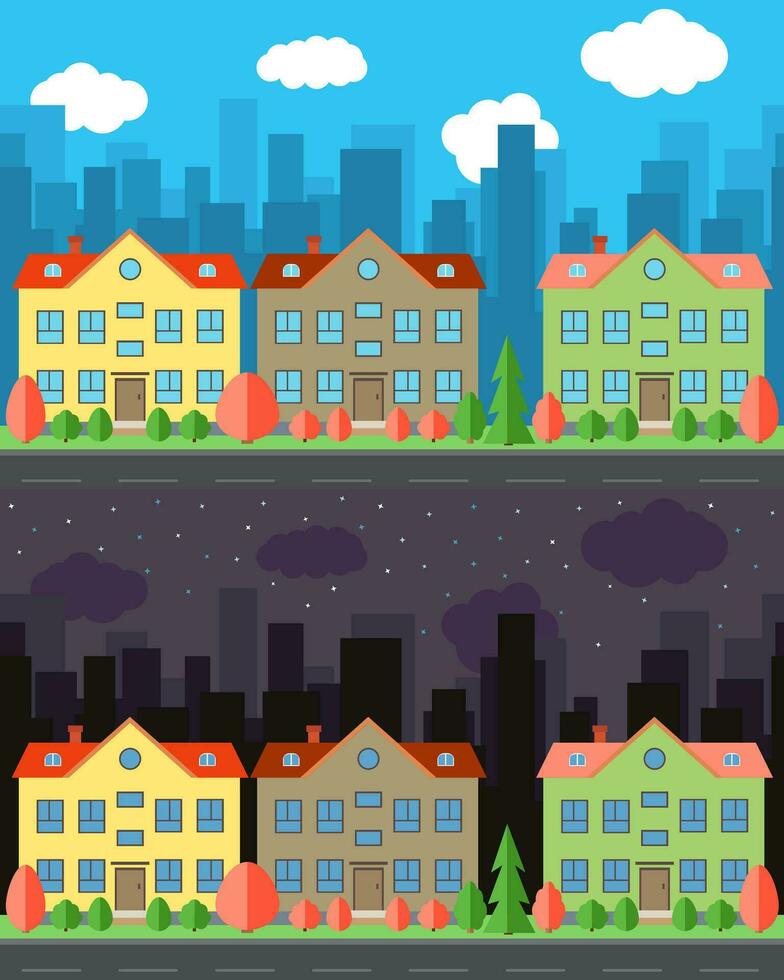 vecteur ville avec à deux étages dessin animé Maisons dans le journée et nuit. été Urbain paysage. rue vue avec paysage urbain sur une Contexte