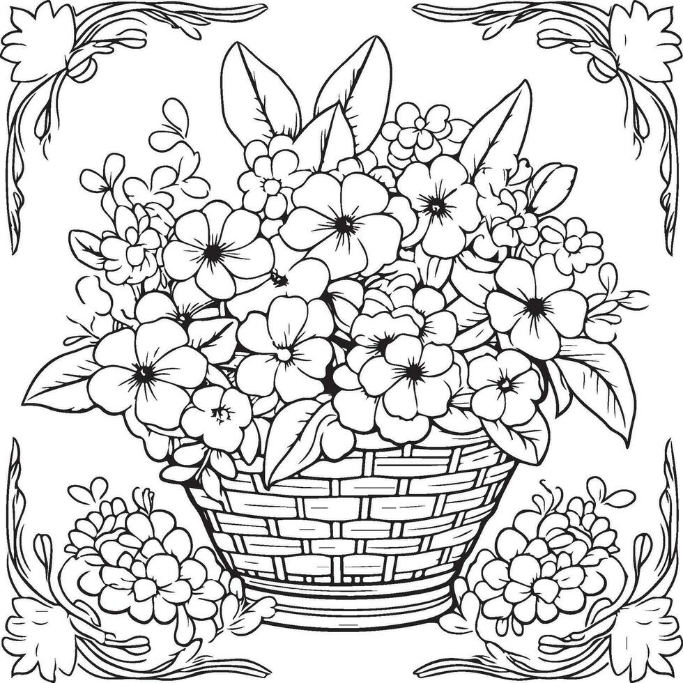 coloration page représentant une œillet panier de fleurs vecteur