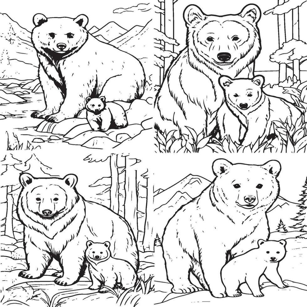 mignonne noir ours et bébé coloration page vecteur