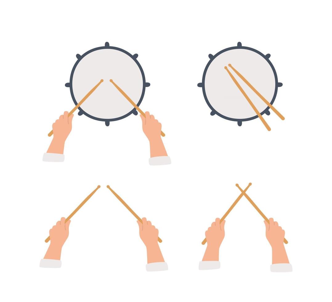 tambour dessiné à la main et mains tenant des pilons. vue de dessus. illustration vectorielle en style plat et dessin animé sur fond blanc vecteur