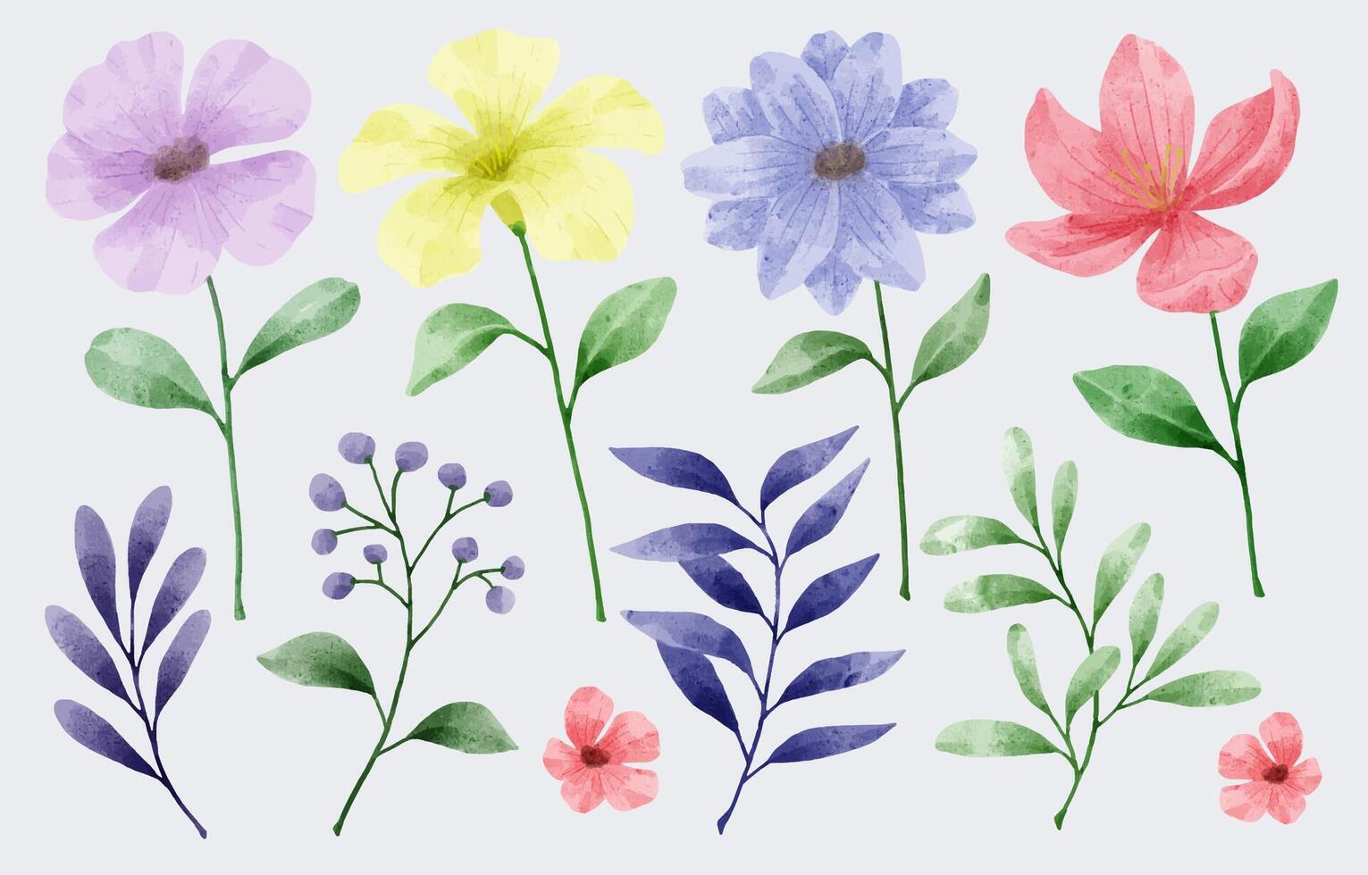 un ensemble de fleurs peintes à l'aquarelle pour diverses cartes et cartes de vœux. vecteur