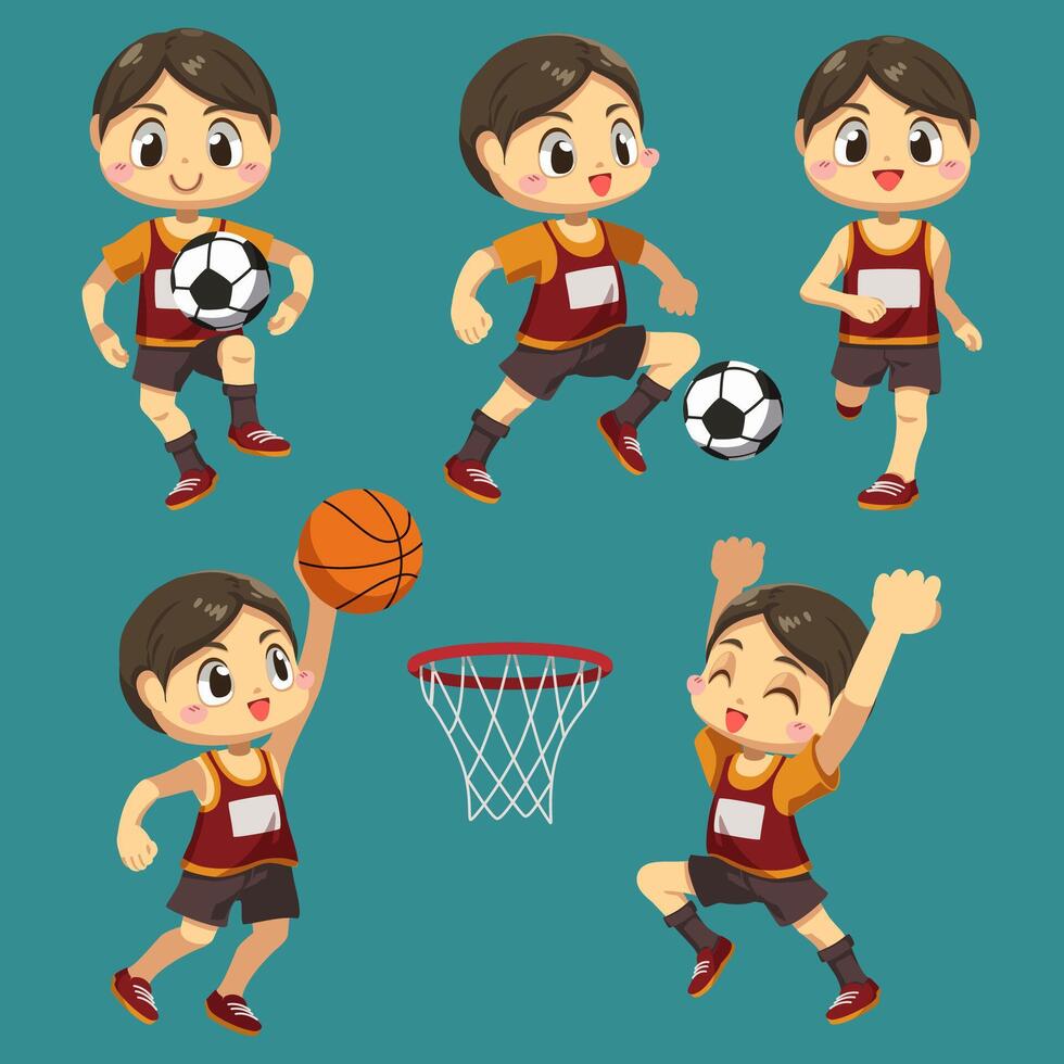 ensemble de sportif avec basket-ball et football en vecteur de personnage de dessin animé