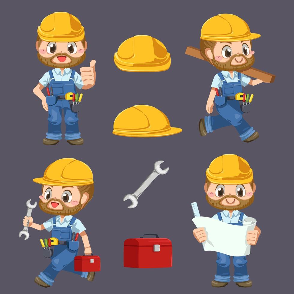 travailleur homme portant un uniforme et un casque tenant un personnage de dessin animé vecteur