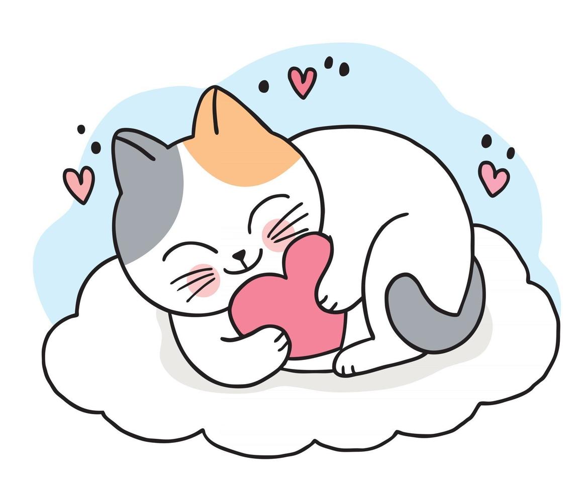 chat mignon de dessin animé et grand coeur sur le vecteur de nuage.