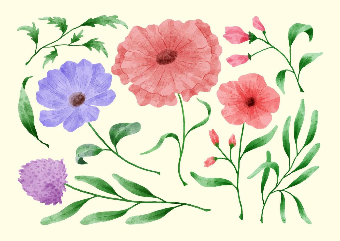 un ensemble de fleurs peintes à l'aquarelle pour diverses cartes et cartes de vœux. vecteur