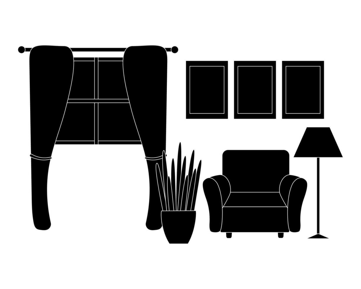 meubles composition dans vecteur graphique, un fauteuil, une lampe, une table comme une esquisser. le Accueil intérieur de le vivant pièce dans noir et blanc est isolé sur blanche.