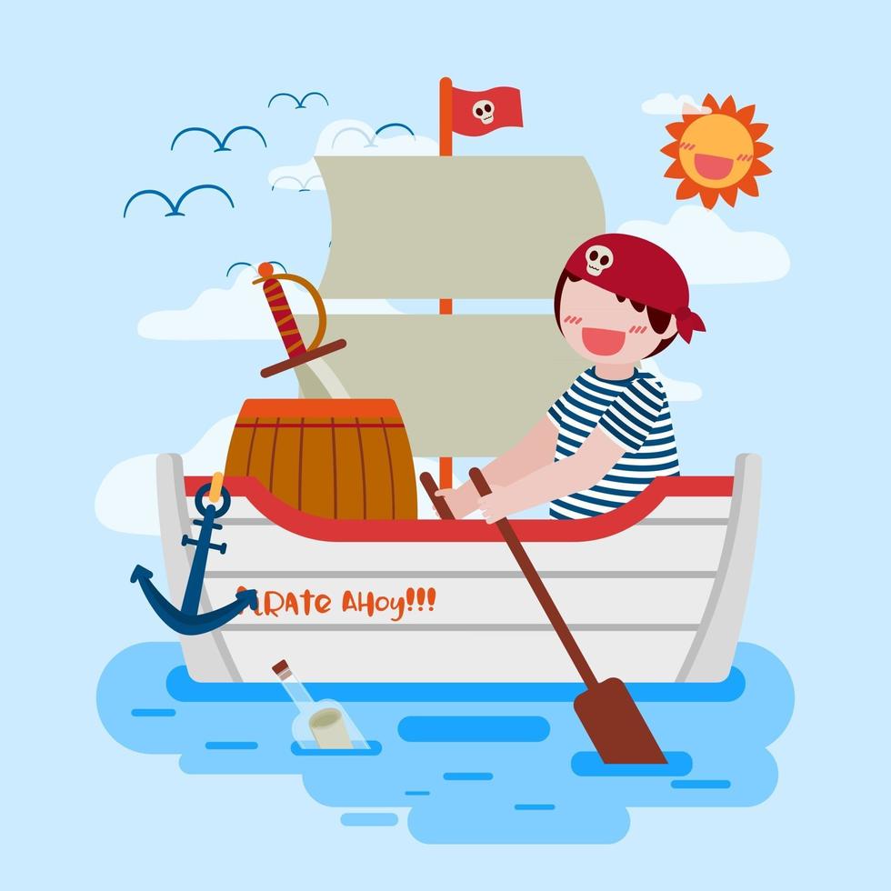 salade garçon bateau pirate bateau dans le vecteur de dessin animé de mer