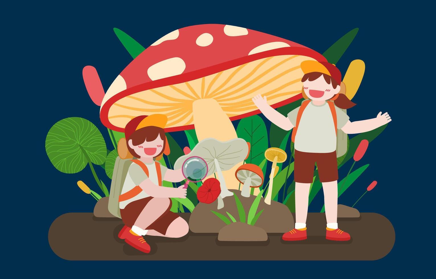 beaux enfants jouant sous un grand vecteur de dessin animé de champignon