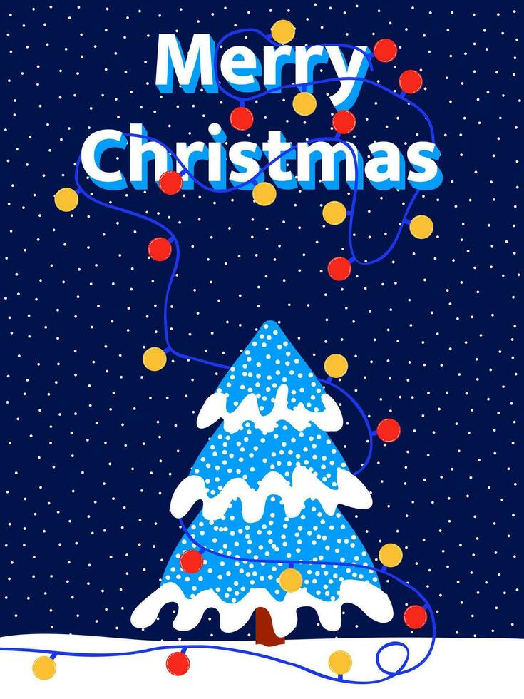 coloré Noël carte avec bleu sapin arbre dans neige et Nouveau années lumières dans plat style. bleu Contexte avec neige. vecteur