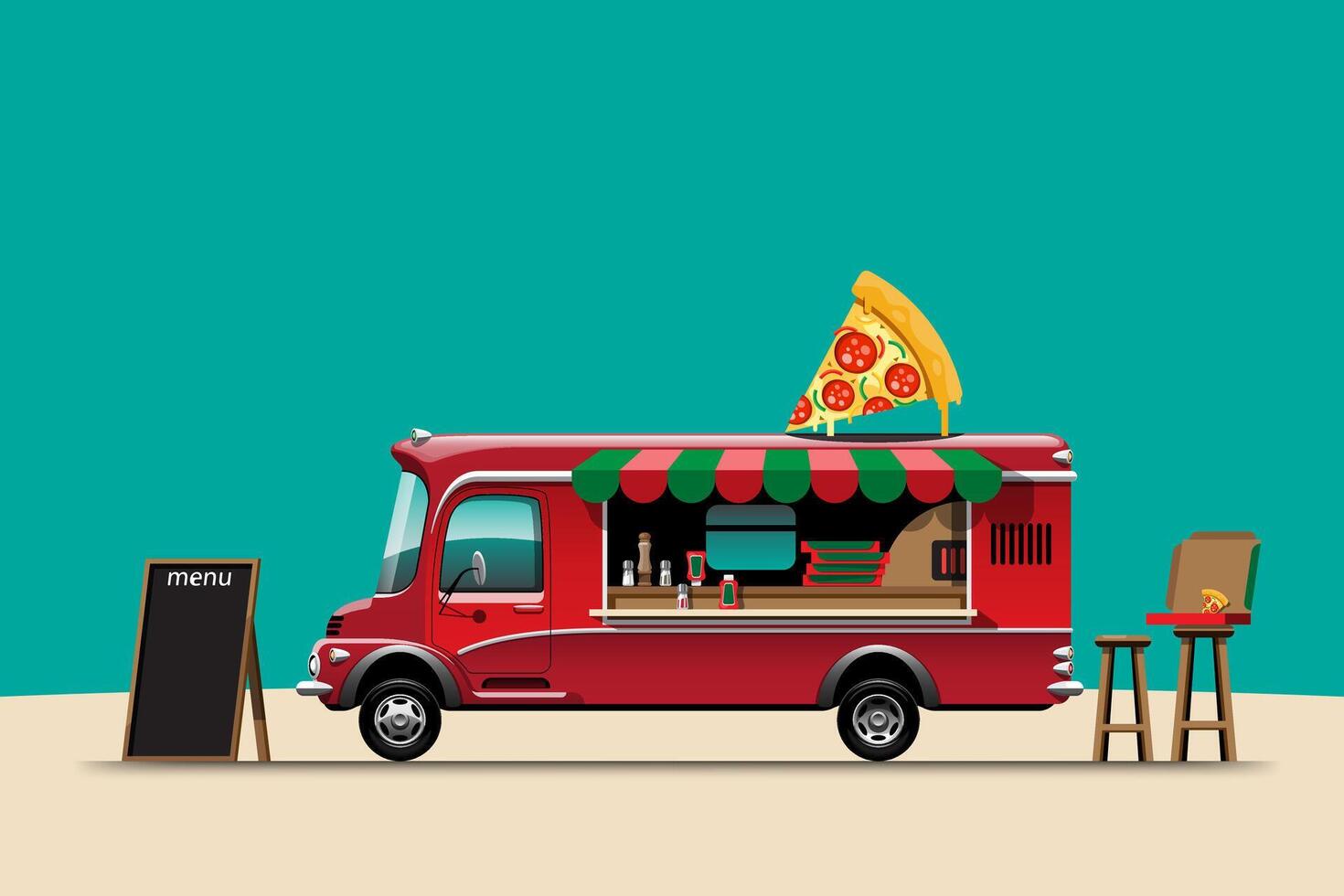 la vue latérale du camion de nourriture avec illustration vectorielle pizza vecteur