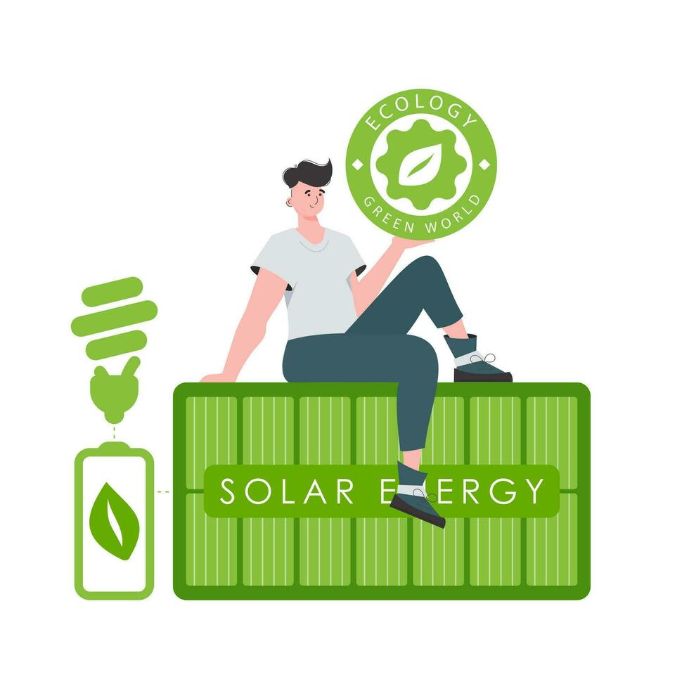 le gars est assis sur le solaire panneau et détient le éco logo dans le sien mains. le concept de vert énergie et écologie. isolé sur blanc Contexte. branché style. vecteur illustration.