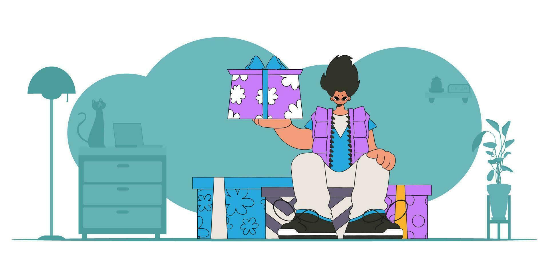 Années 90 style. le gars est en portant cadeaux. une homme est assis sur cadeau des boites. vacances surprise concept. vecteur