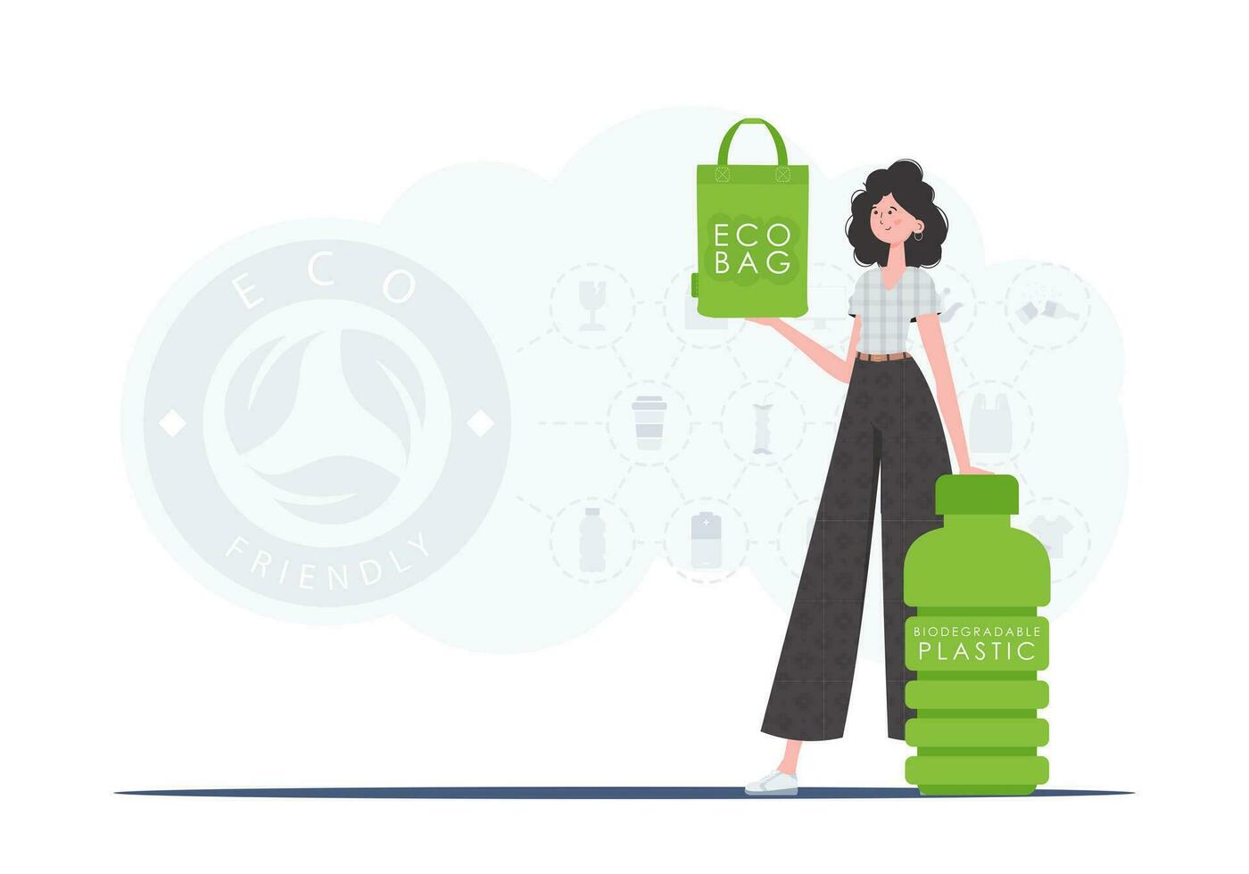 concept de vert monde et écologie. une femme détient un éco sac dans sa mains. mode tendance vecteur illustration.