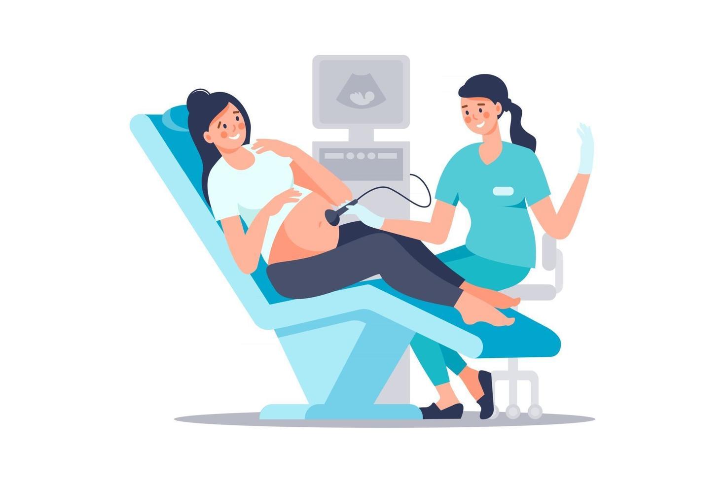 échographiste scannant et examinant une femme enceinte dans un cabinet médical hospitalier. examen pendant la grossesse. concept d'échographie médicale. heureuse future mère à l'examen médical. vecteur