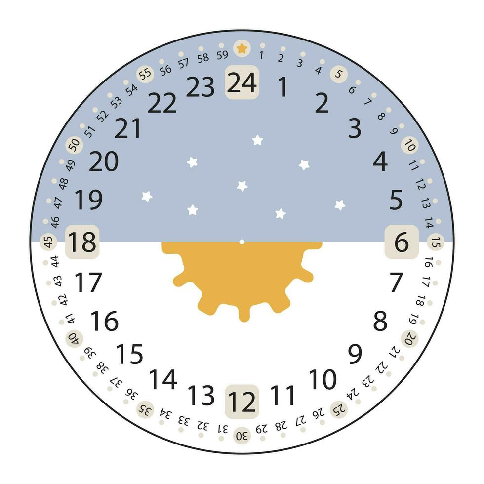 24 heures 60 minutes l'horloge visage modèle avec journée et nuit conception concept. plat style isolé sur blanc vecteur