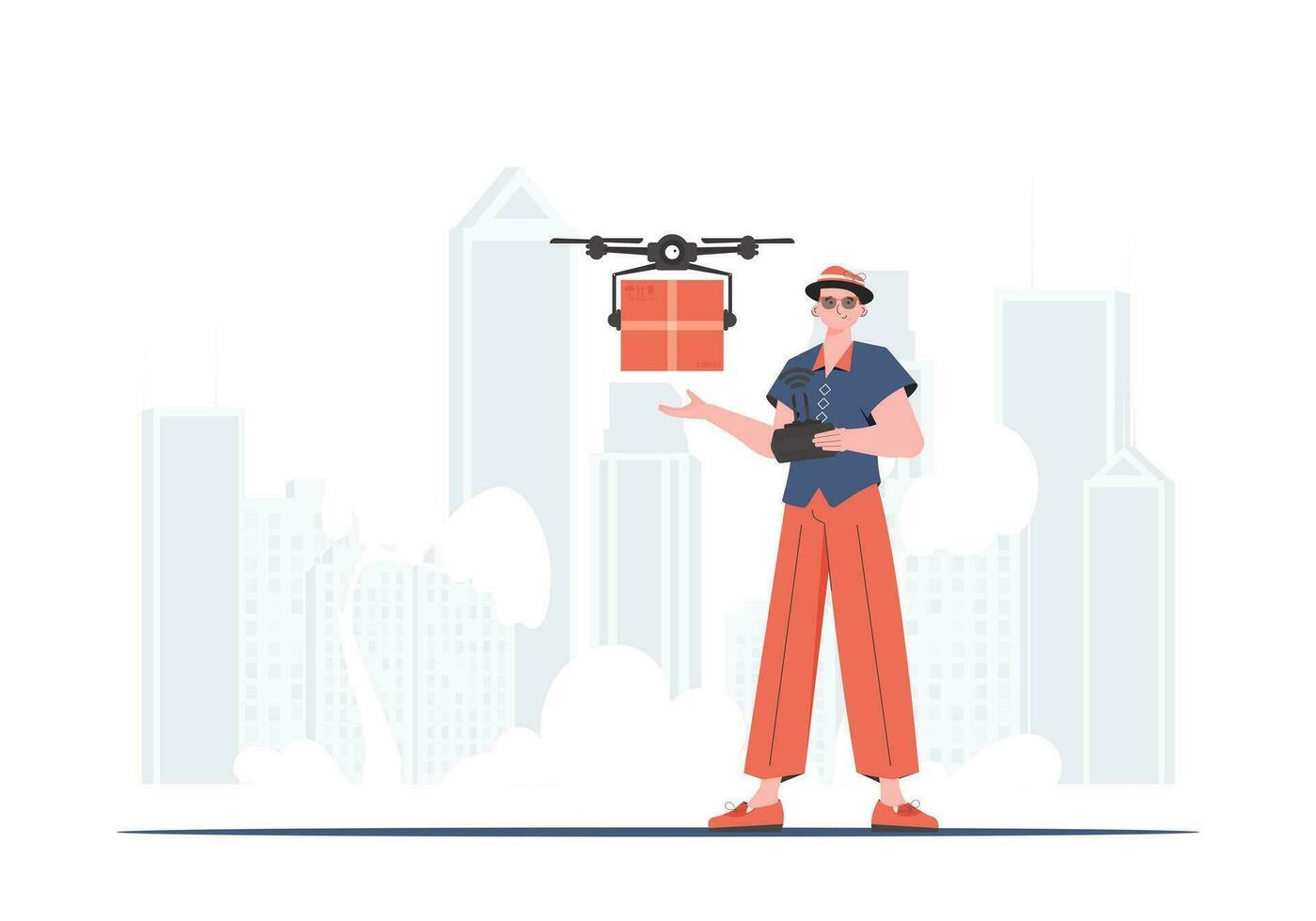 une homme contrôles une drone avec une emballer. livraison thème. branché style. vecteur. vecteur