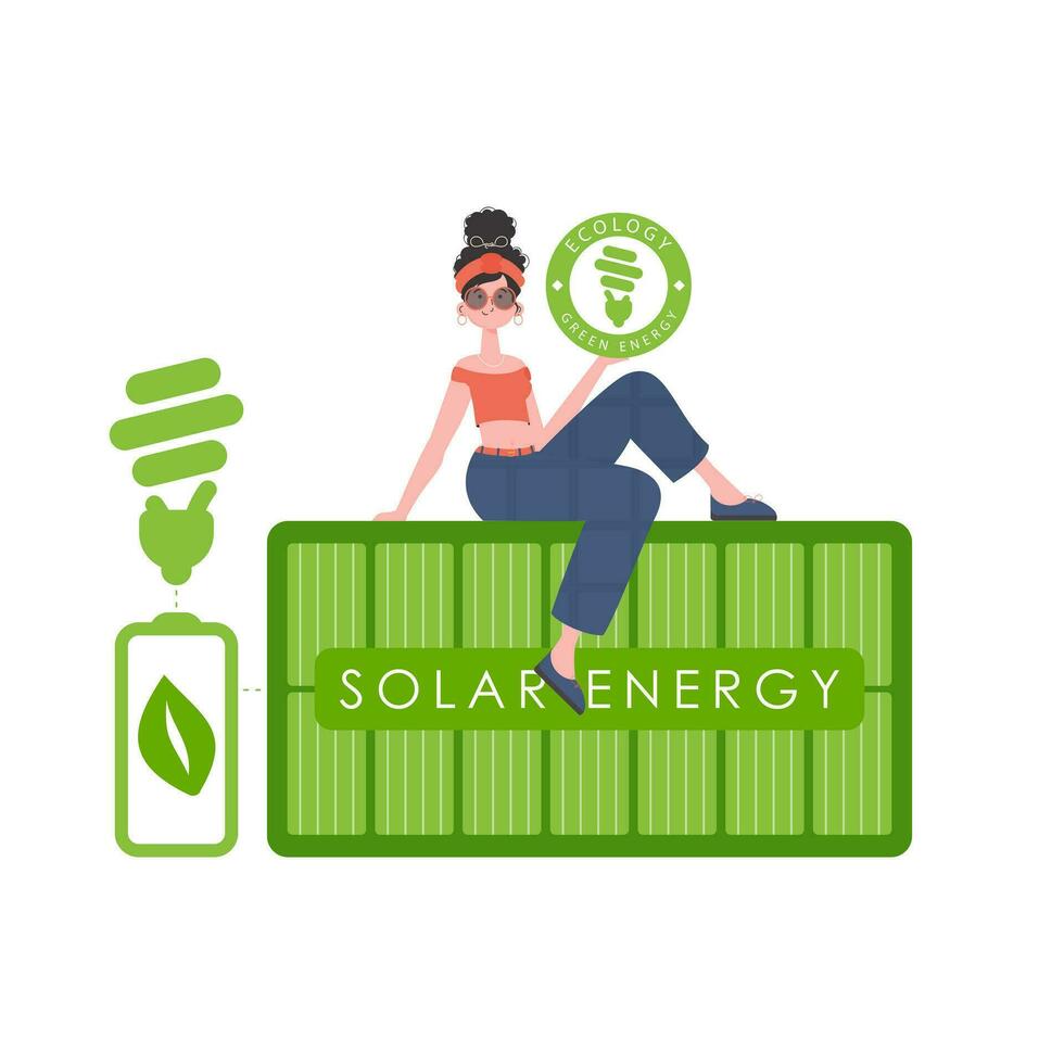 une femme est assis sur une solaire panneau et détient le éco logo dans sa mains. le concept de écologie et vert énergie. isolé sur blanc Contexte. à la mode, branché style. vecteur. vecteur